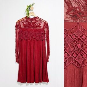 Sundance Rust Color Boho Lace Sheer Long Sleeves Mini Dress